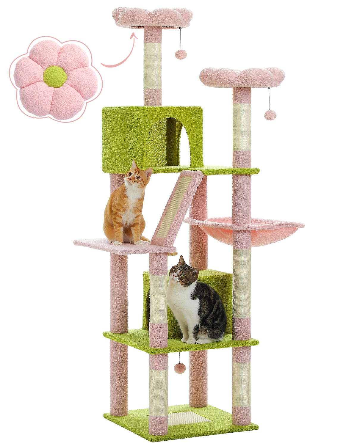 Deluxe 180cm Multi-Level Cat Tree with Plush Condo 6 Scratching Posts 2 Boards Perches Caves Hammock Pompoms for Active Felines