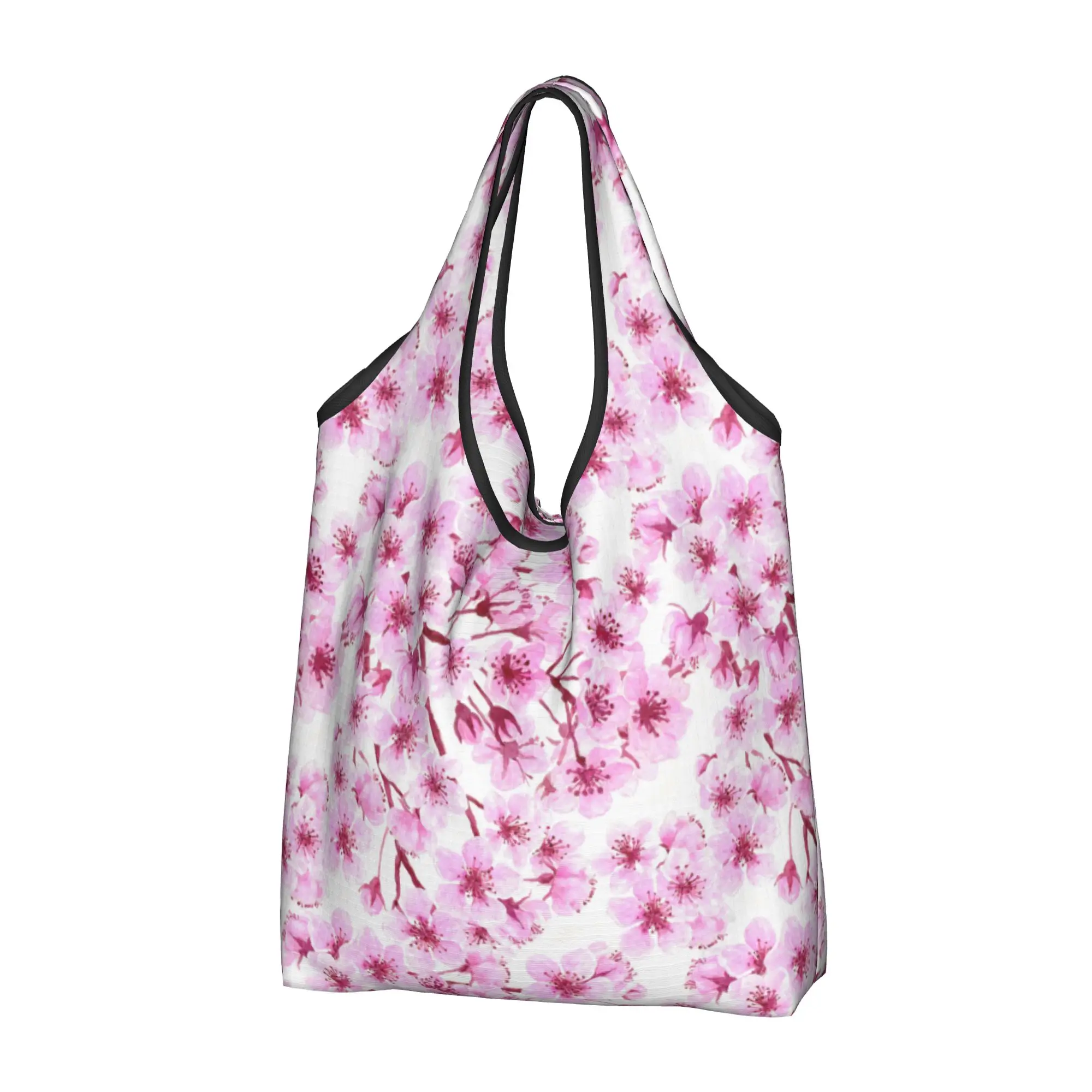 Recycling Cherry Blossom Floral on Pink  Shopping Bag Women Tote Bag Portable Japane Flowers Groceries Shopper Bags