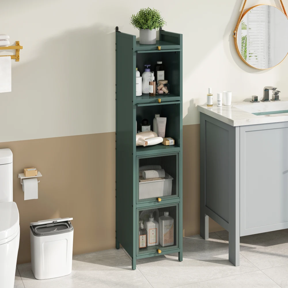Modern four-layer glass door cabinet dark green storage cabinet, suitable for bathroom, living room, entrance, dining room