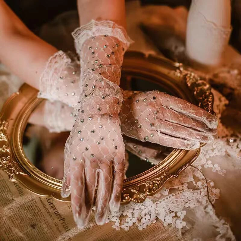 

Glitter Rhinestone Sheer Long Bridal Wedding Gloves Sparkly Mesh Thin Breathable Arm Sleeve Party Cosplay Lolita Gloves