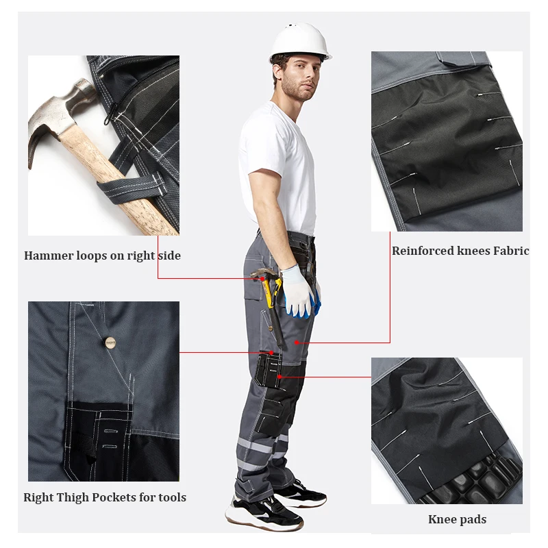 Bauskydd Mens carperner 100% cotton grey reflective work trousers with eva  knee pads work pants men