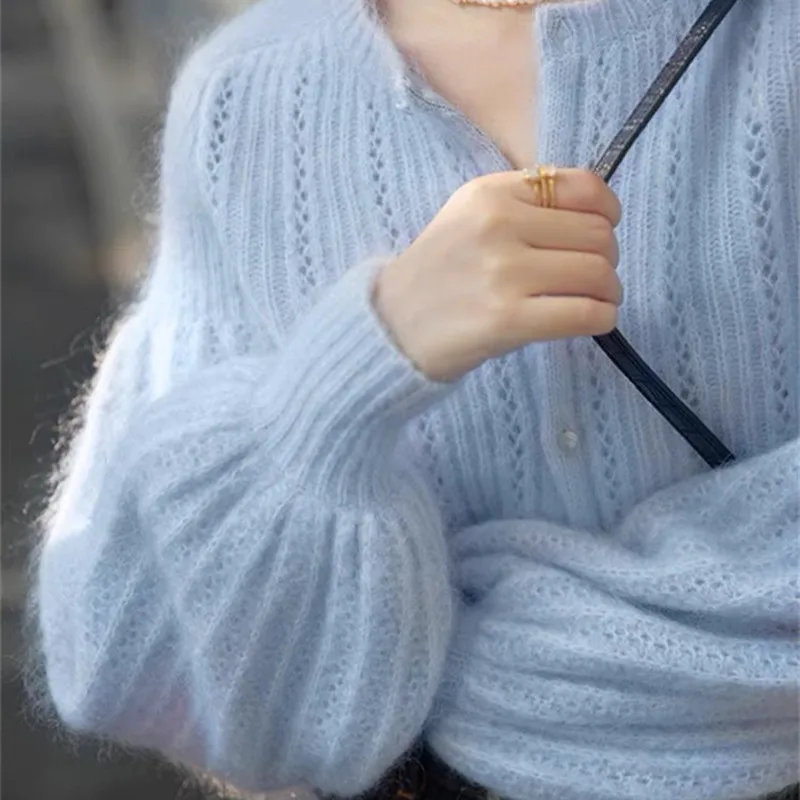 YBZFACAI Spring Fall Fashion Mohair Blue Thin Sweater Sweet Cardigan Women O-neck Soft Knit Hollow Lantern Loose Sleeve Jacket