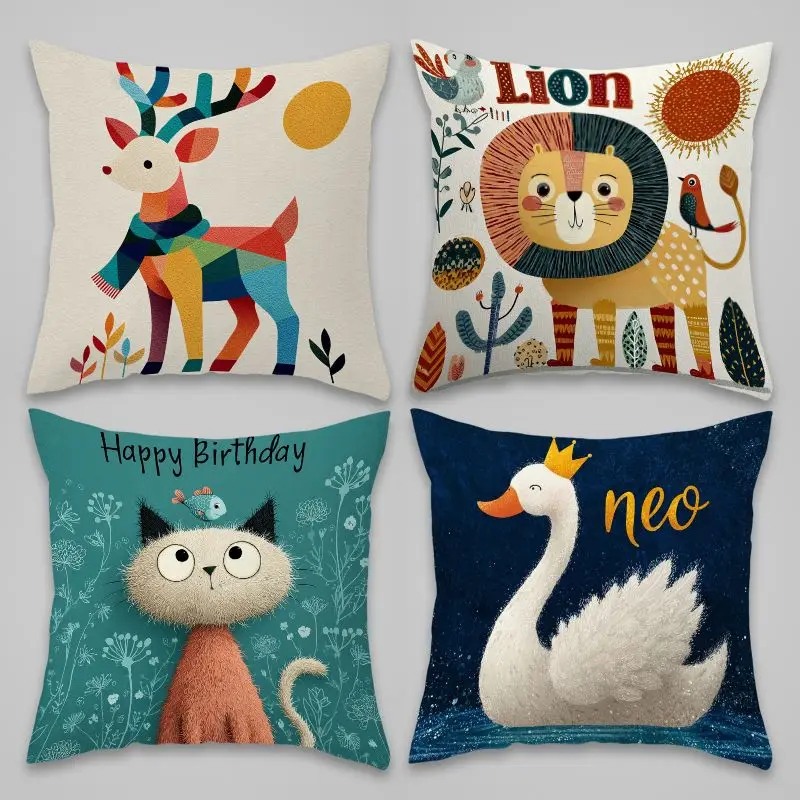 Whimsical Animal Nursery Pillowcase Set 4pcs Watercolor Prints Cute Safari Lion Deer Swan Bedding Covers 45x45cm Home Decor