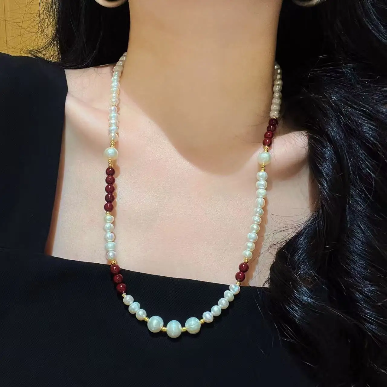 5-6mm Vintage Premium Natural Freshwater Pearl & Faux Sweater Necklace, Versatile Multi-Wear Long Layering Chain for Women