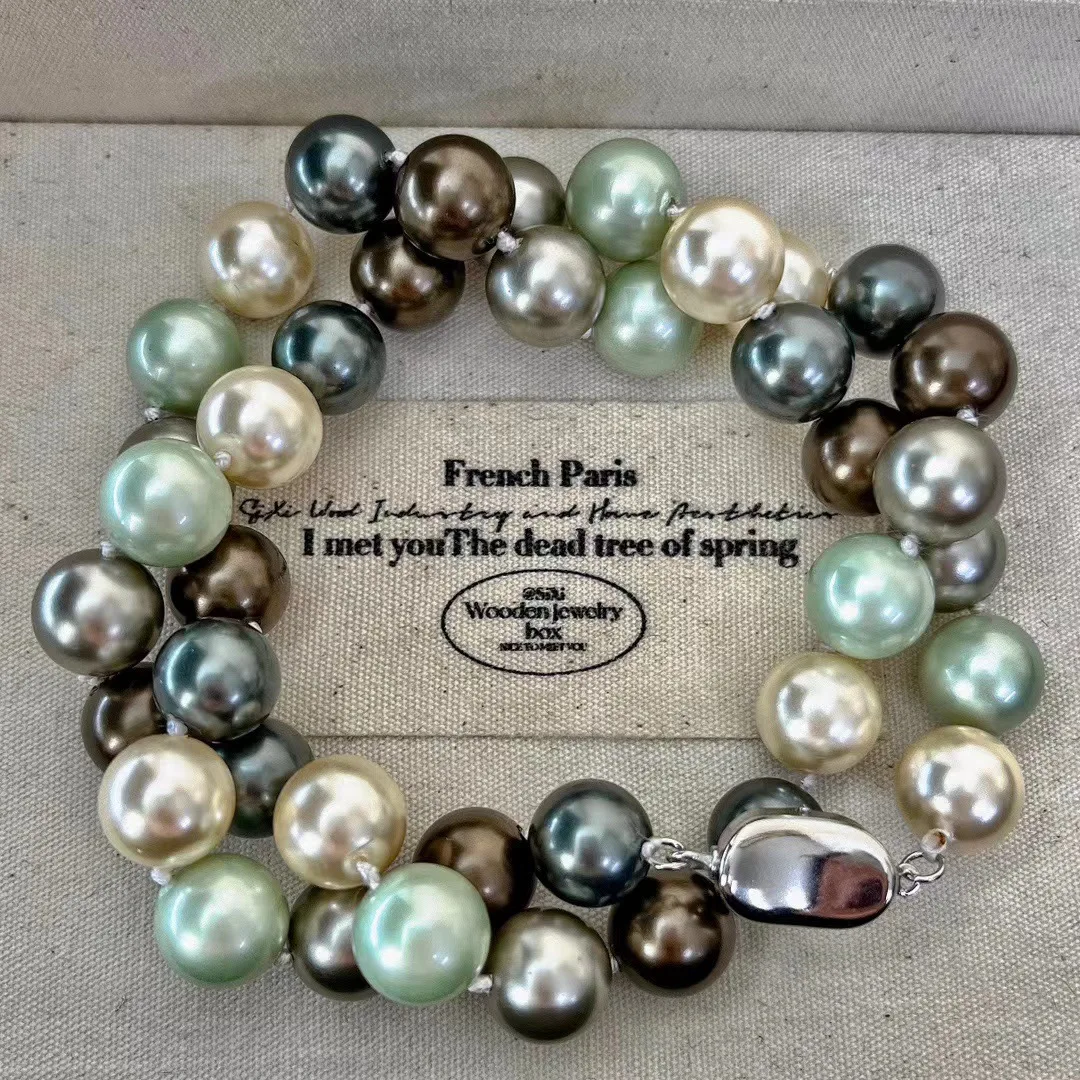 Kalung Mutiara Manik Warna Morandi Partikel Besar Vintage, Rantai Leher Premium Atmosfer, Rantai Tulang Selangka