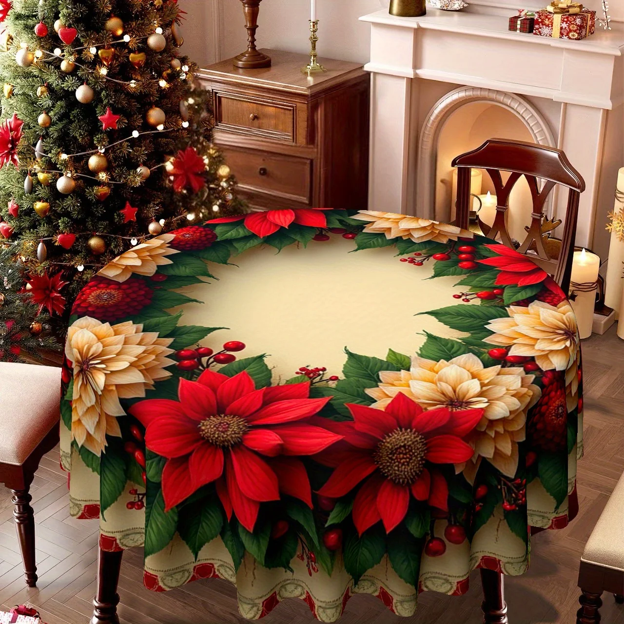 1 round tablecloth designed for Christmas with a festive floral wreath theme