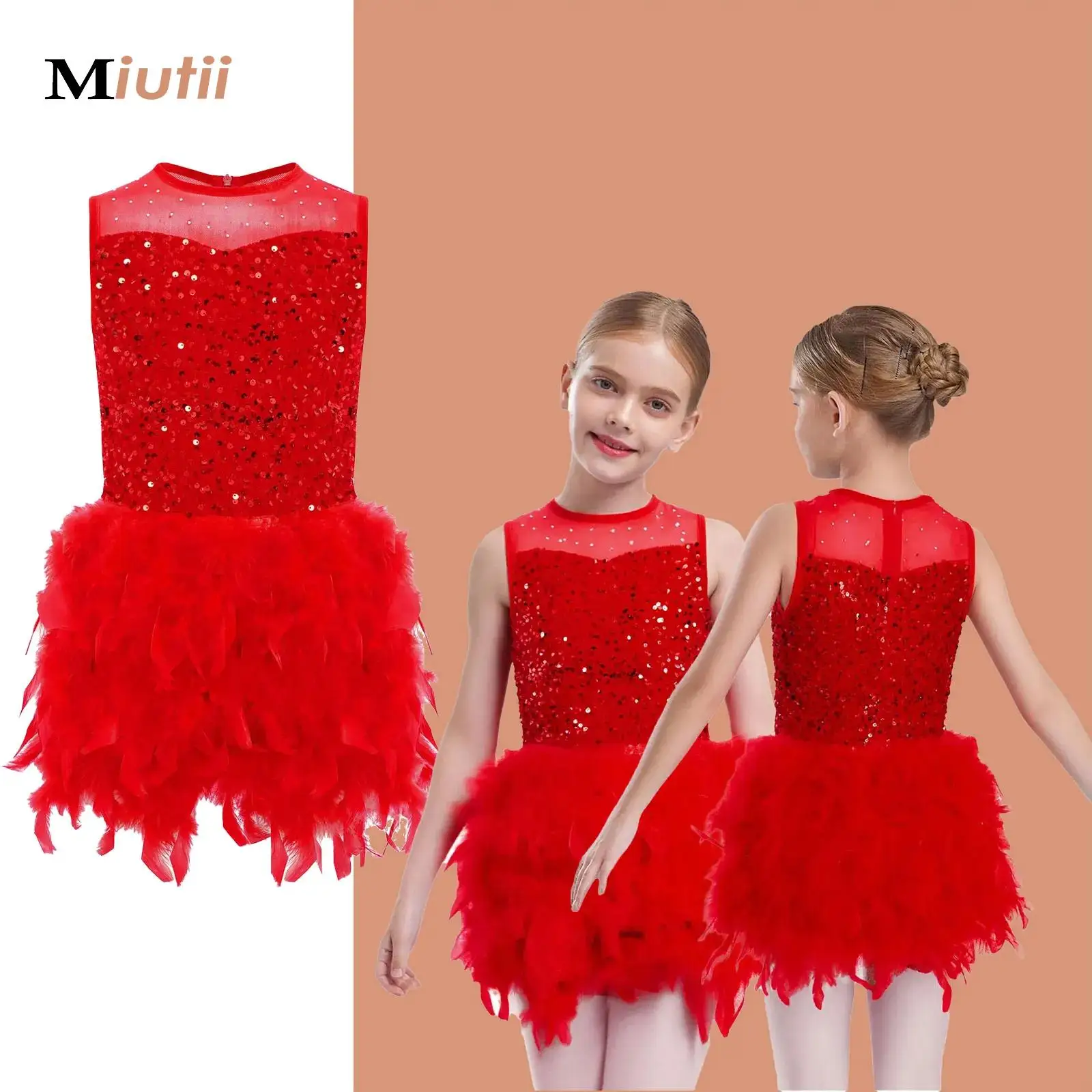 

Kids Girls Sequins Feather Velvet Skirted Tutu Dress Ballet Leotard Children Gymnastics Bodysuit Teen Jazz Latin Skating Costume
