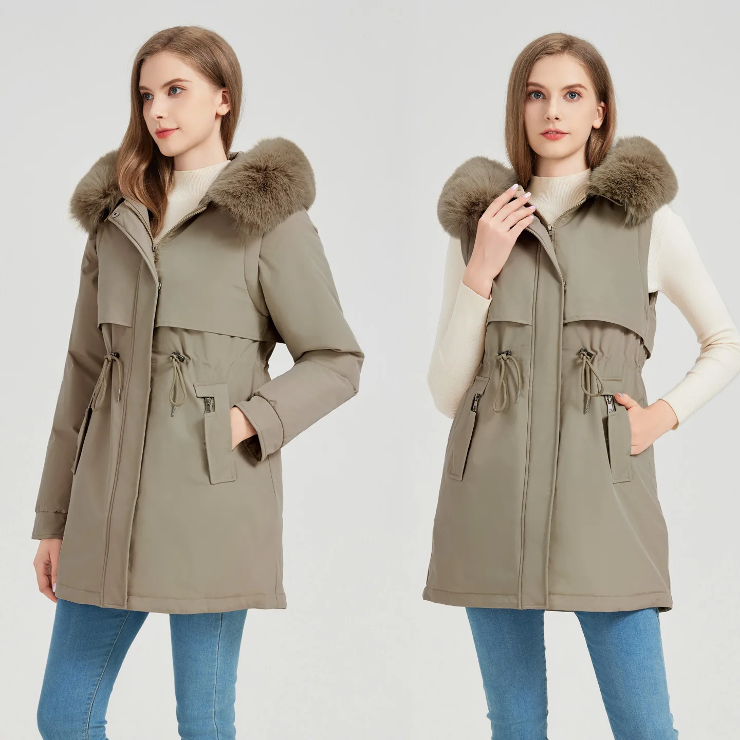 

2025 New Women's Detachable Sleeve Parka Coat with Faux Fur Hood Long Winter Jacket 2 in 1 Convertible Sherpa Lined Trench Coat