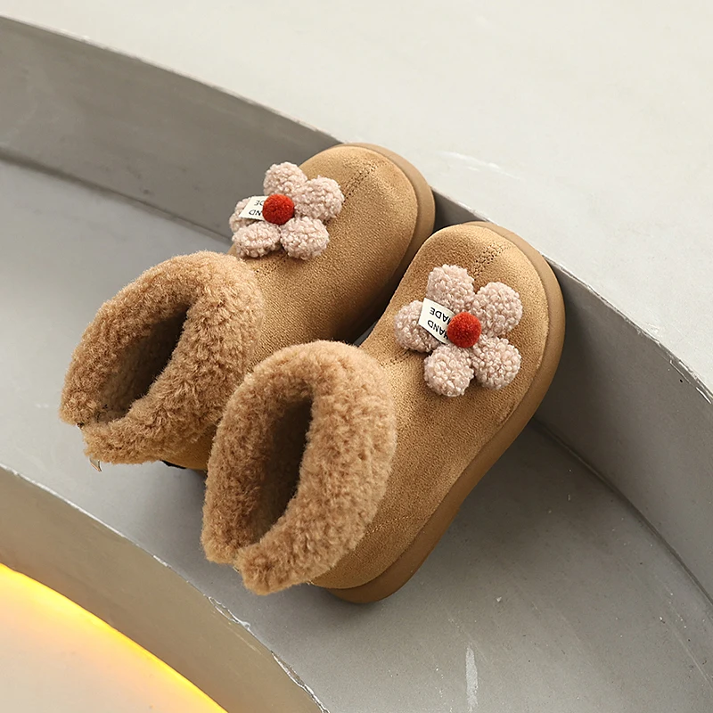 Botas de pelúcia de inverno das crianças ao ar livre nova moda da menina botas de algodão quente causal peludo doce flor crianças princesa tornozelo botas