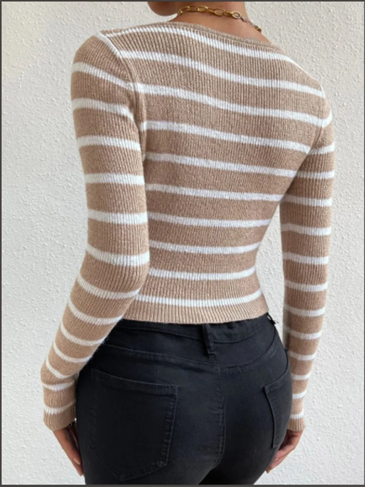 Khaki Striped Long Sleeved Semi Open Neck Slim T-shirt Damski Seksowny Codzienny Y2K Jesienny Top — zdjęcie 4