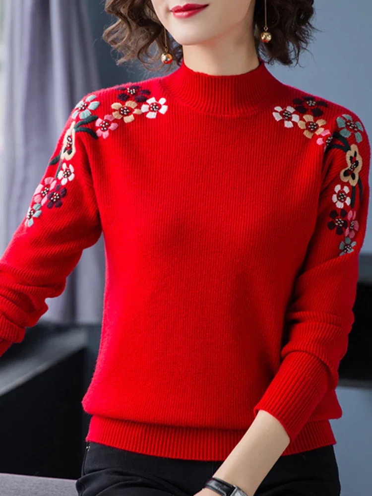 Spring Fall Half Turtleneck Embroidery Knitted Sweater Women Casual Slim Pullover Tops Long Sleeve New Soft Knitwear Jumper