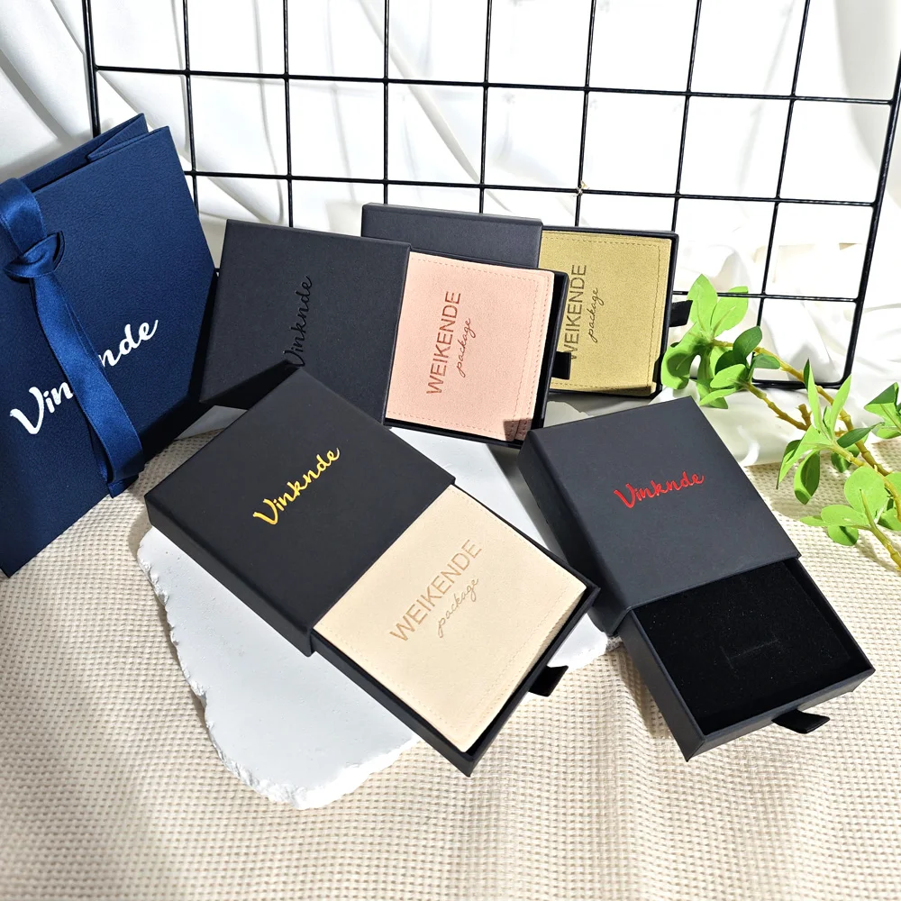 

50pcs Paper Custom Jewelry Gift Box with Suede Bag Dust Pouch Personalized Logo Small Jewelry Packaging Bulk Drawer Cardboard