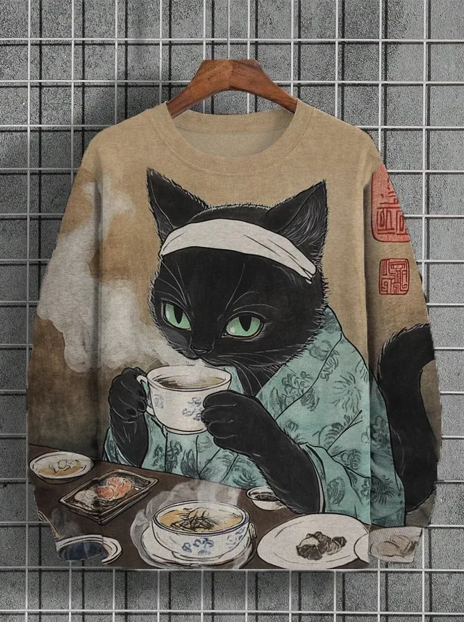 Men's Animal Cat Sweatshirt Long Sleeve Sweatshirt Crew Neck Fashion Cool Daily 3D Printed Japanese Art Print Casual Sweatshirt