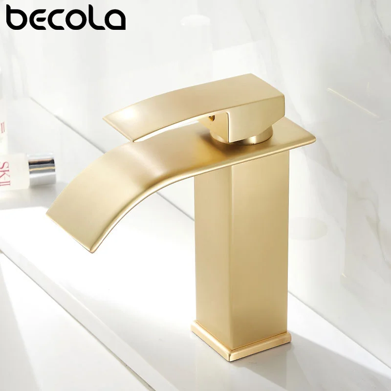 Golden Waterfall Basin Faucet Single Handle Faucet Hot & Cold Basin Crane Faucet Bathroom Wash Basin Hybrid Faucet