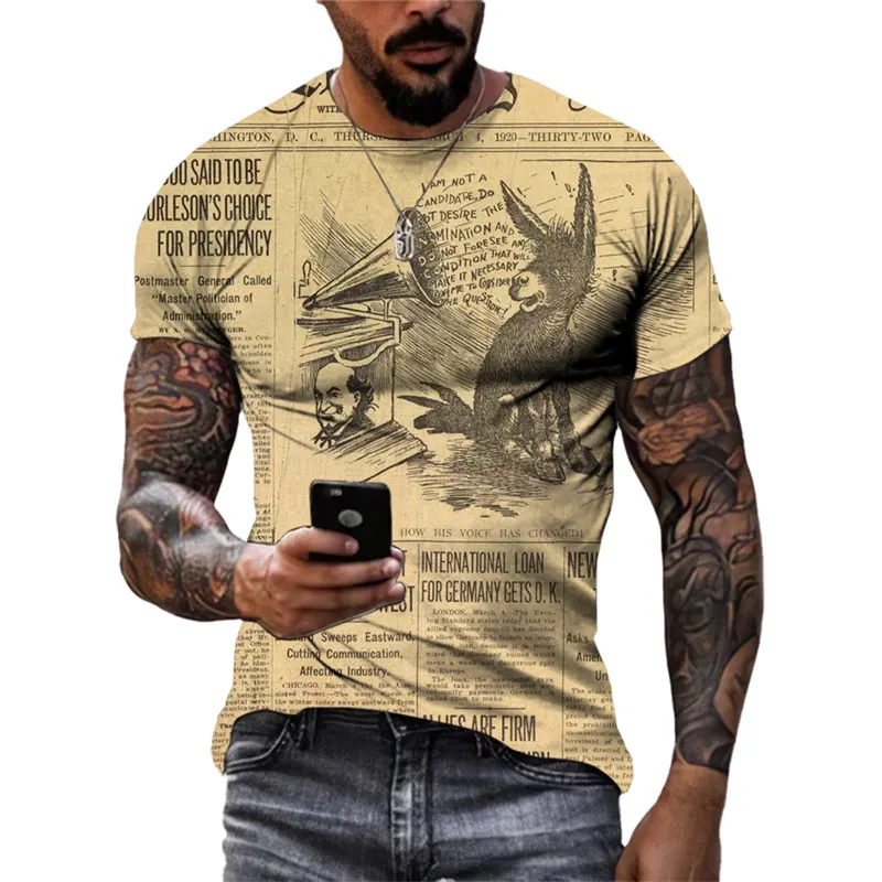 New Creative Design Retro Old Newspapers graphic t shirts Summer Fashion Men Vintage harajuku streetwear 3D Printing O-neck Tees