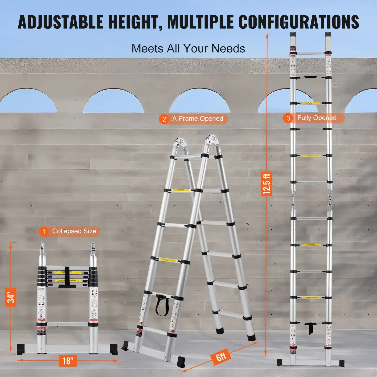 Escalera de extensión telescópica de 12,5 pies en forma de A con barra estabilizadora para RV