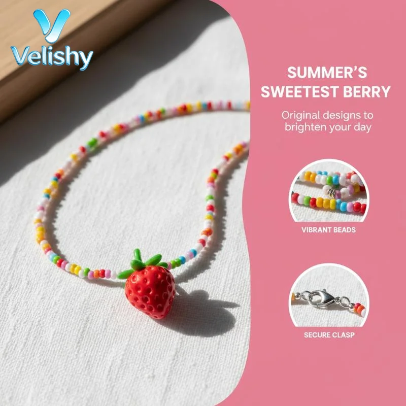 Handmade Bohemian Fruit Pendant Necklace for Women Tiny Rice Beads Choker Lightweight Jewelry for Daily Dating