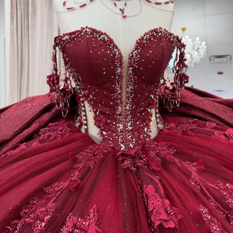 

Burgundy Quinceanera Dress off-shoulder Glitter Crystal Decal Lace Frill Long tail Bow vestidos de 15 Quinceanera ﻿Customize