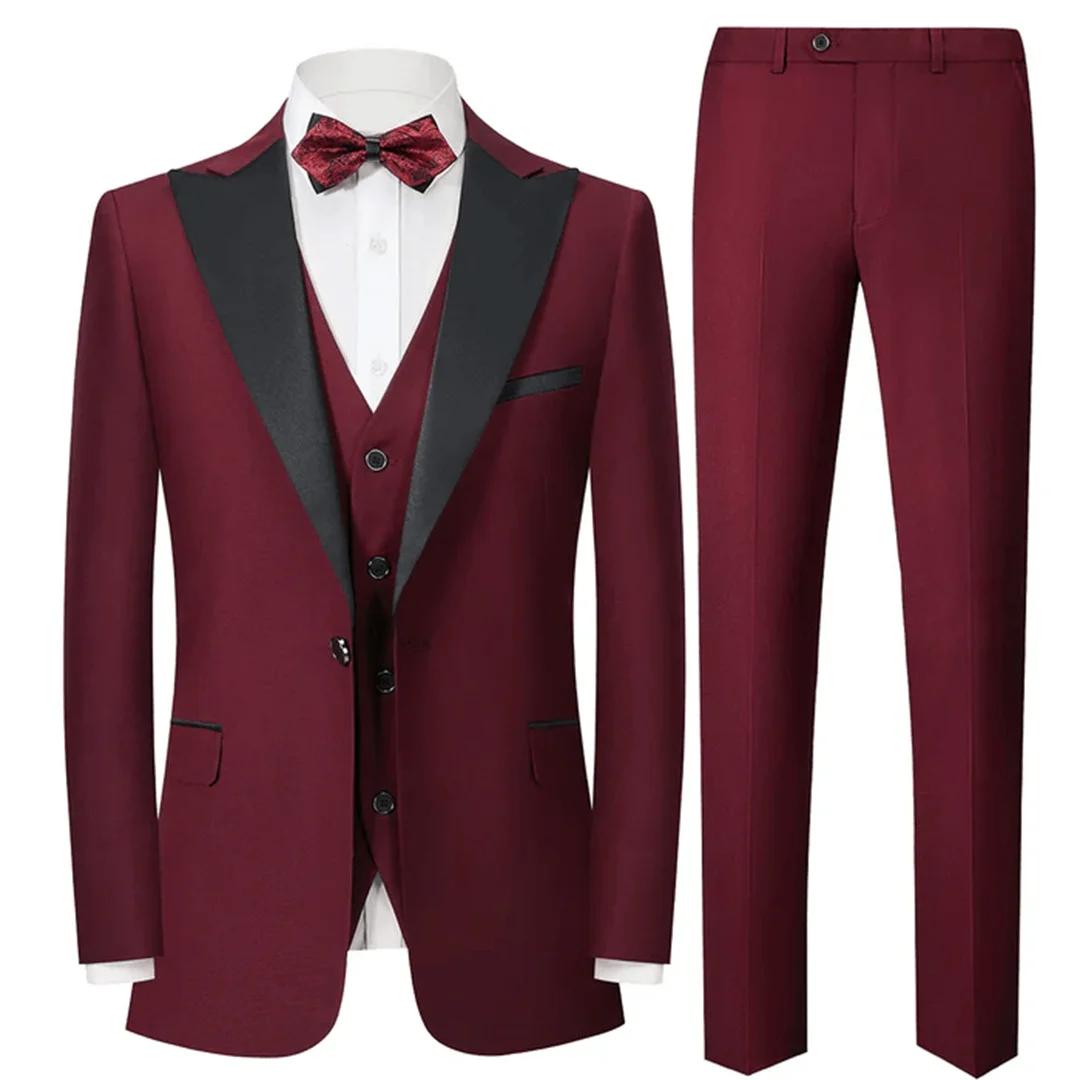 

Groom's Wedding Suits Classic Peak lapel Slim Fit Burgundy Tuxedo High-quality Fabric Single-breasted Tuxedo For Formal Occasion