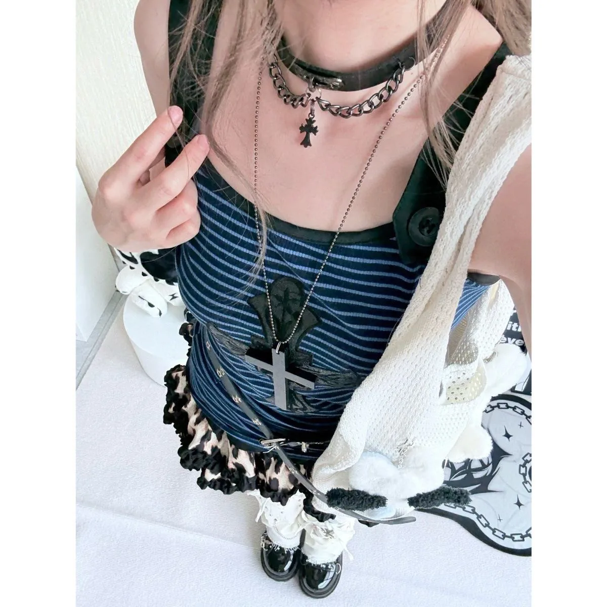 Dark Goth Y2k Vintage Striped Cross 2 Piece Set Women Cami Top Leopard Print Ruffle Mini Skirt Y2k Hot Girl Chic Female Clothes