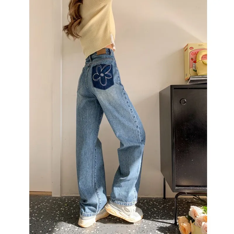 

ZHISILAO New Floral Print Straight Jeans Women Vintage Baggy Wide Leg Full Length Denim Pants Streetwear 2024 Chic Jeans