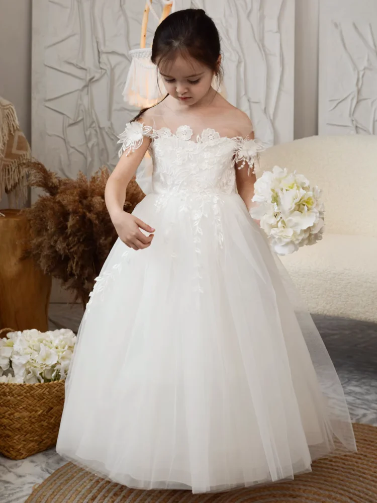 White Flower Girl Dresses Tulle Flowers Appliques With Bow And Tailing Sleeveless For Wedding Birthday First Communion Gowns