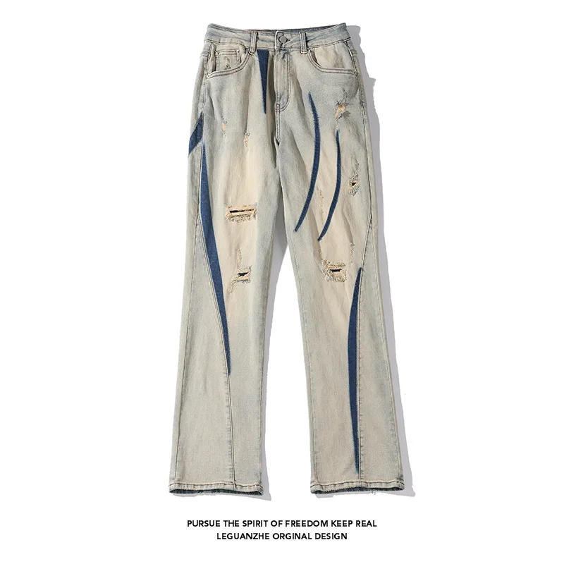 

American style street personality high street jeans with blue stripes, loose straight leg trendy wide leg pants M-5XL