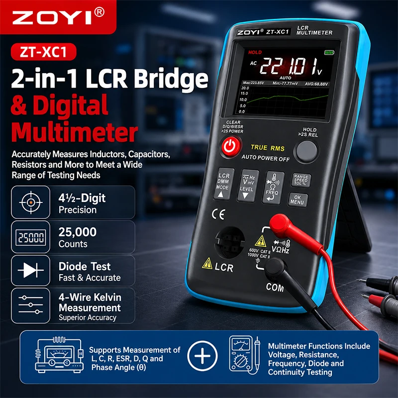 Digital LCR Meter Tester 25000 Counts Multimeter Resistance Capacitance Inductance ESR Meter Electronic Component Tester ZOYIXC1