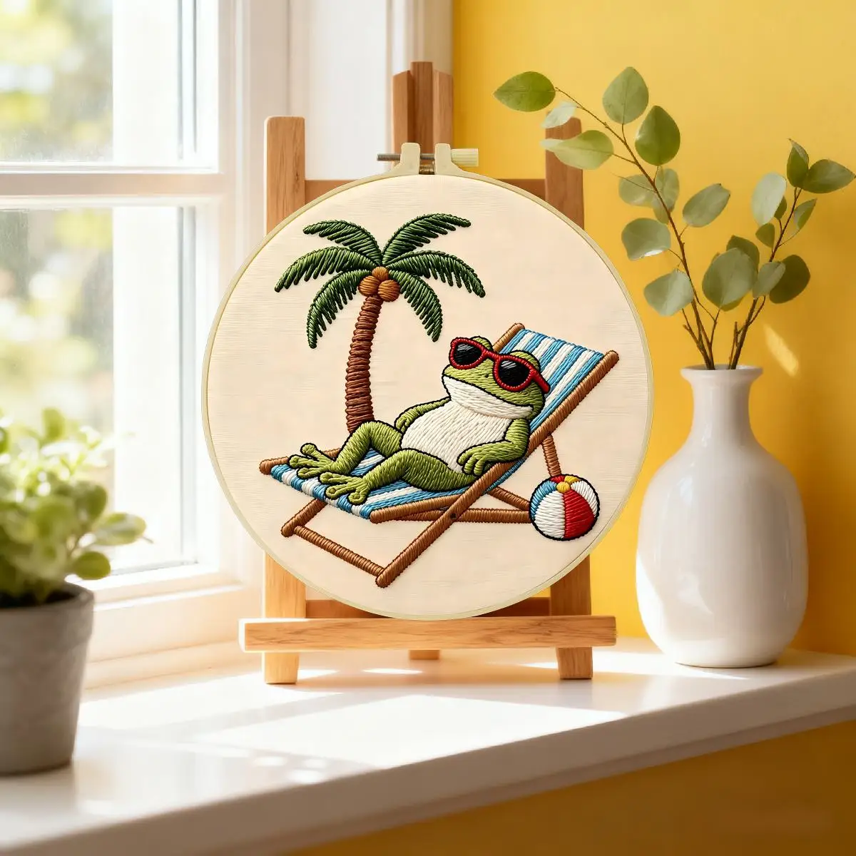 1 Stück 20X20CM/15X15CM 7,87/6,3 Zoll „Die Frösche im Urlaub“ Stickerei-Starter-Kit DIY-Kit DIY-Stickerei-Set Handarbeiten Heimdekoration – Detail 4