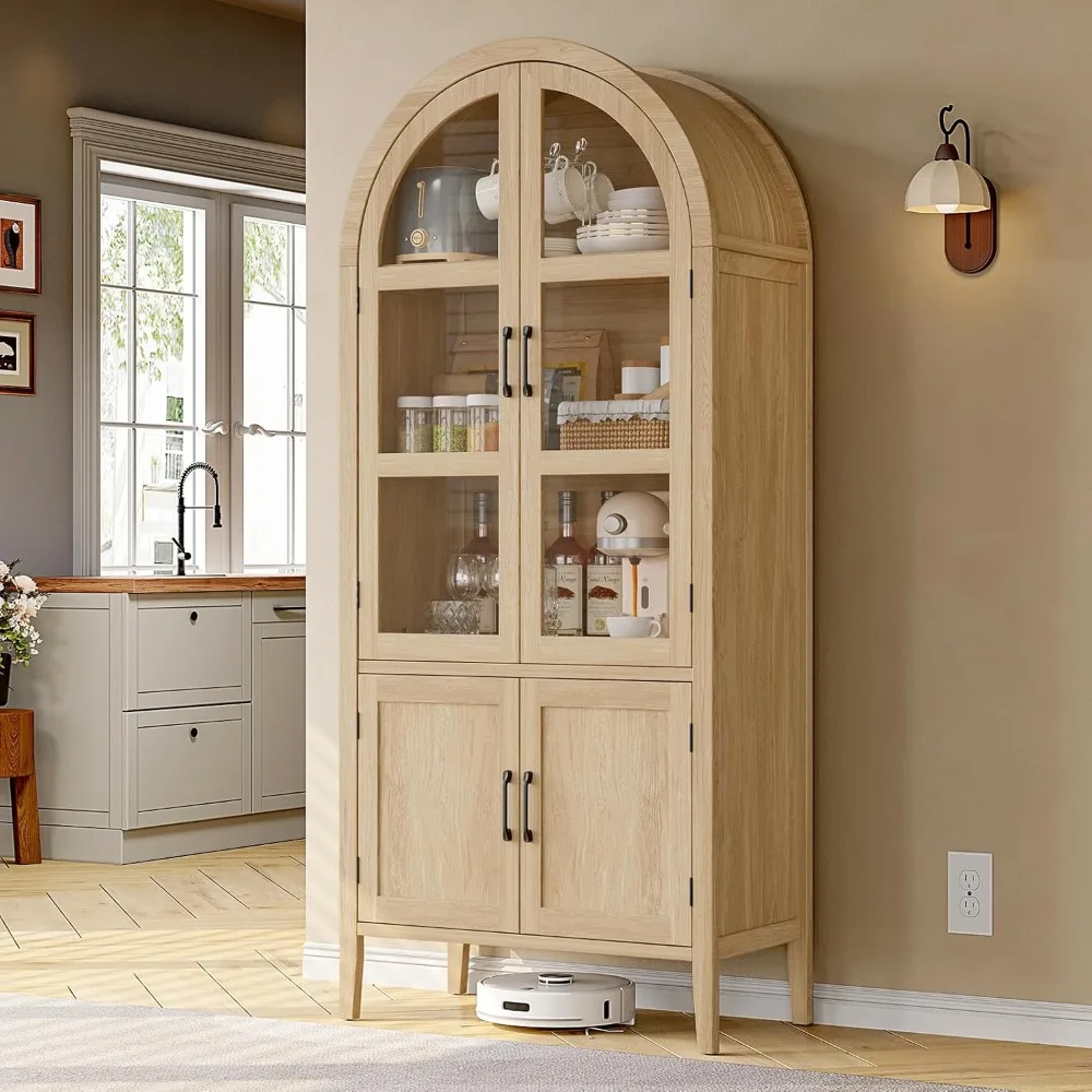 

71 Tall Arched Cabinet, 5-Tier Arched Kitchen Pantry with Glass Doors & Shelves, Modern Display Storage Cabinets with Ad