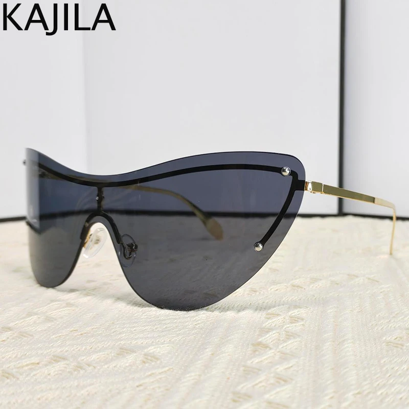 

Oversized Rimless One-Piece Punk Sunglasses Women 2025 Luxury Brand Metal Frame Cat Eye Sun Glasses For Ladies Shades Eyewear