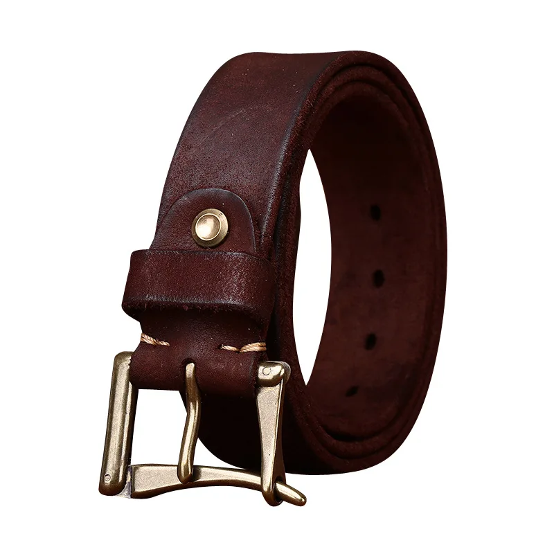 Retro handmade leather belt for men with a unique antique bronze buckle.
