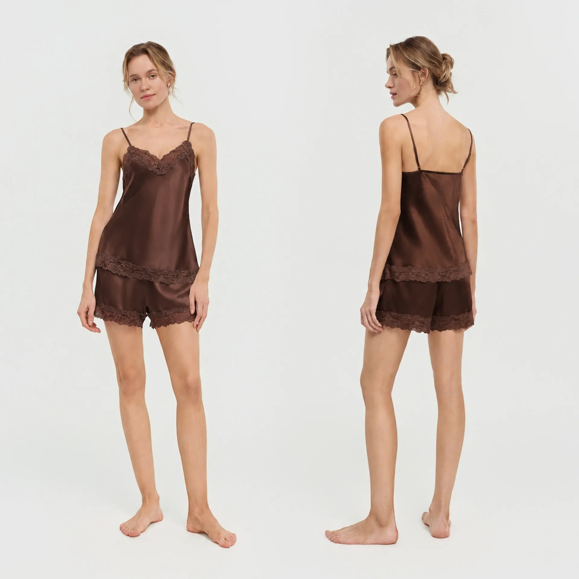 100% Mulberry Silk 2PCS Women's Sleeveless Pajama Set Lace Cami Top and Shorts Sexy Lingerie Sleepwear Summer Camisole Pijamas
