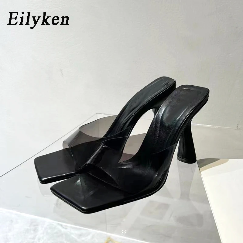 Eilyken 2024 NEW Square Toe Shallow Jelly Women Slippers Summer PVC Transparent Female Elegant Dress High Heels Slides Shoes