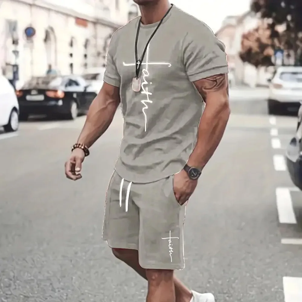 New Men's Fashionable Short-Sleeved Shorts 2-Piece Set Green 3d Printed Round Neck Short Sleeve And Drawstring Shorts Set Summer