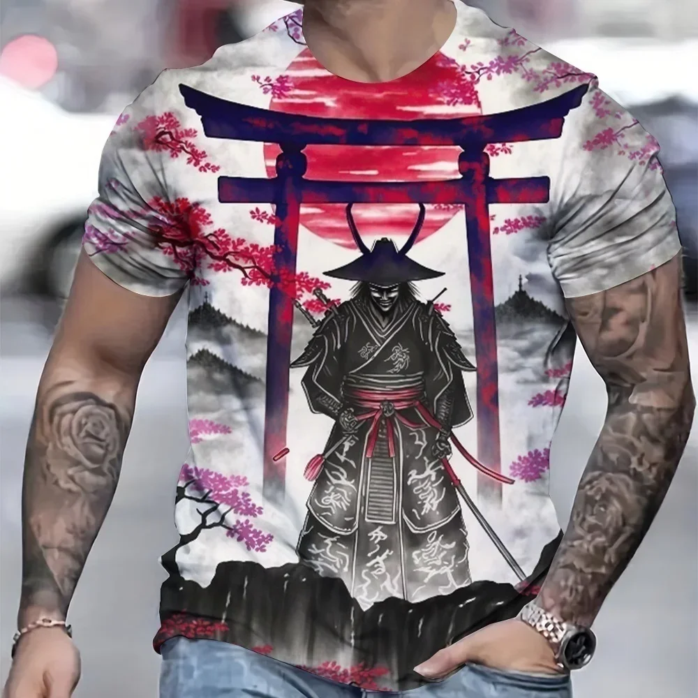 3D-gedrucktes Japan-Samurai-T-Shirt für Herren, Persönlichkeitsmuster-T-Shirts, Sommermode, O-Ausschnitt, Streetwear, lockere Oberteile, Kurzarm-T-Shirts