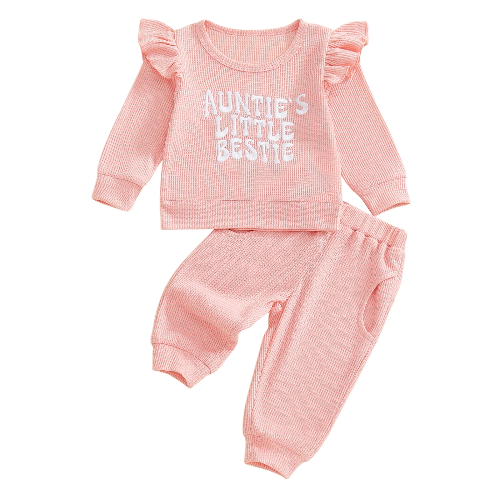 

Комплект из двух предметов для маленьких девочек: топы с круглым вырезом и длинными рукавами с вышивкой букв и брюки с эластичной резинкой на талии