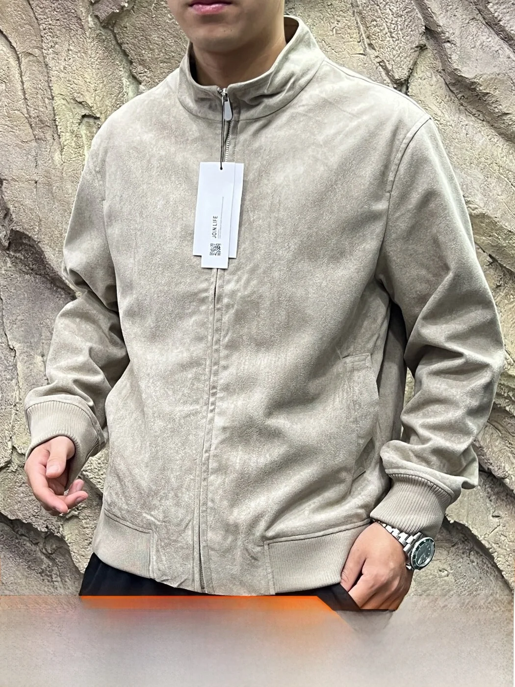 Smooth Suede Men's Vintage Casual Stand Collar Flight Jacket Coat Autumn Long Sleeve Standard Fit Regular Length Outerwear