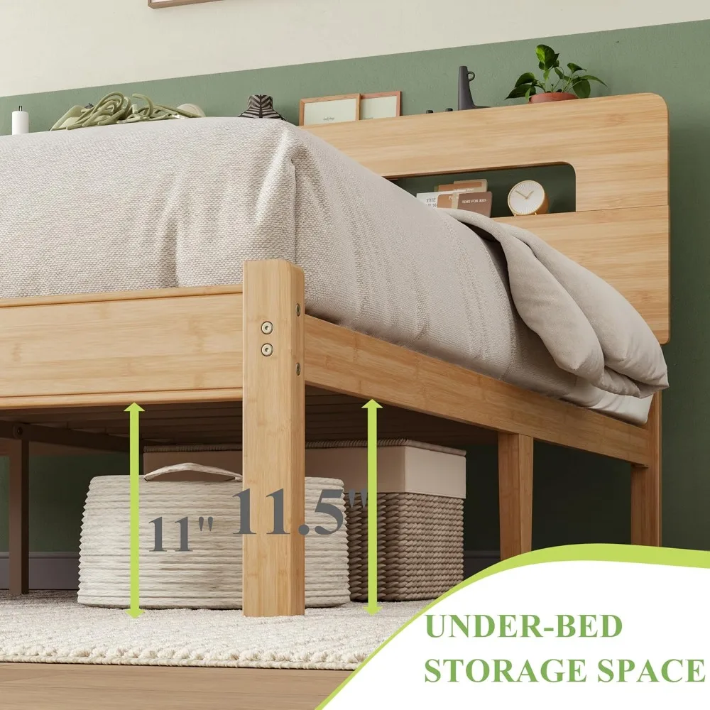 Estrutura de cama de bambu queen size com cabeceira de armazenamento e plataforma de 14 polegadas, sem necessidade de molas, reforçada com aço