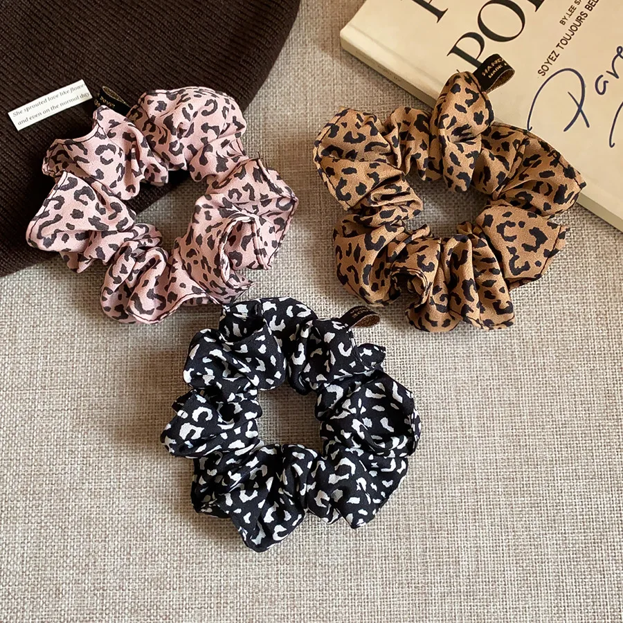 Rosa Kaffeefarben Leopardenmuster Stoff-Haargummis für Frauen Tägliche Haarbänder Retro Spitze Pferdeschwanzhalter Trendiges Haarschmuck M