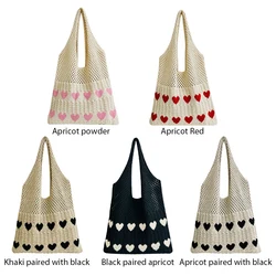 Women Hollow Out Knit Bag Heart Pattern Knitted Grocery Bag Contrast Color Crochet Tote Handbag Ladies Daily Handbag