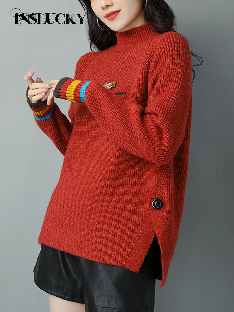 InsLucky Autumn Winter Sweater For Female Mock Neck Long Sleeve Splice Buttons Loose Pullover Letter Pink Chic Women's Clothing