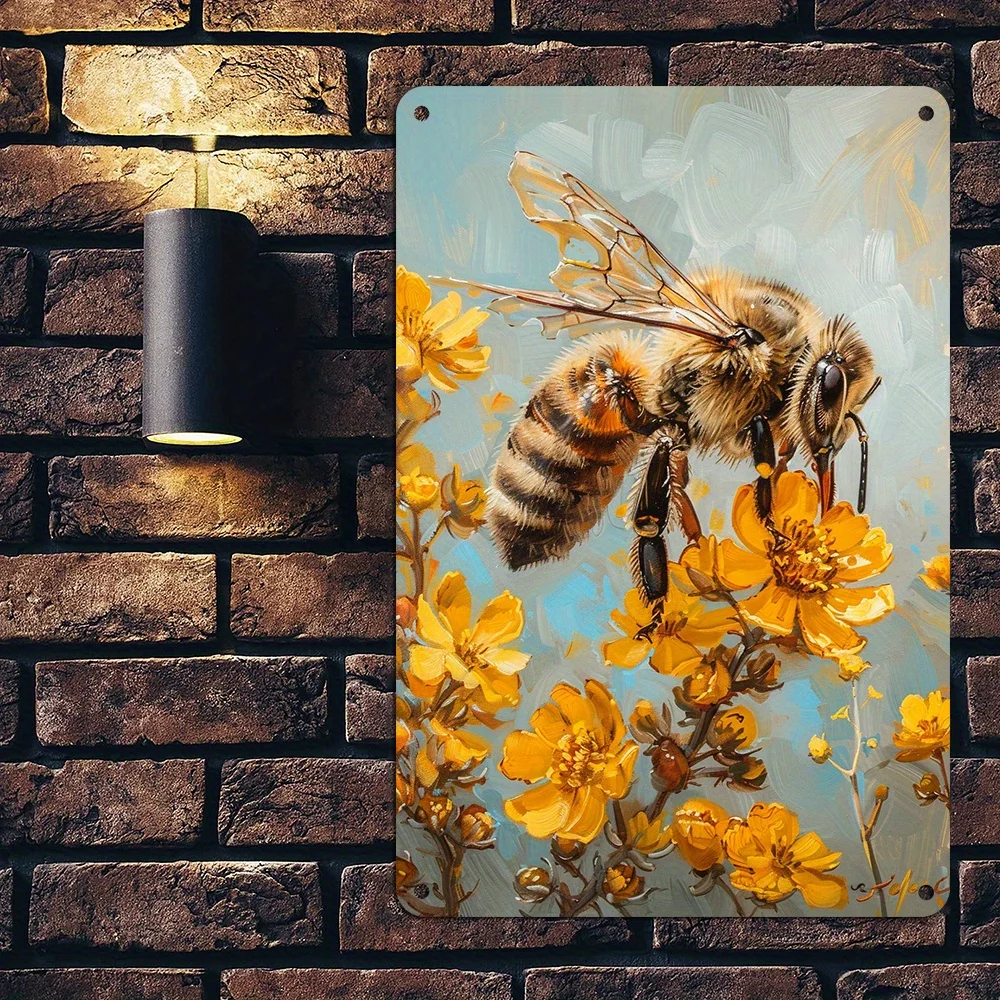 Vintage-Wandkunst mit Bienen- und Blumenmotiv aus Metall – rustikales Garten-Blechschild für Terrasse, Wohnzimmer oder Bauernhaus-Dekoration, 8x12 Zoll große Plakette