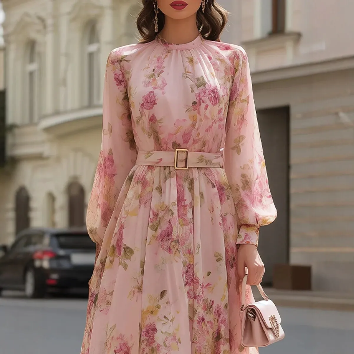 2026 European and American Style Women's Printed Long Sleeve Waist-Controlled Lace-up Elegant Graceful Dress
