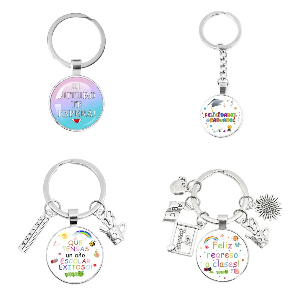 Spanish Students Student Opening Gift, Graduation Gift 25MM Glass Keychain Thank You Teacher Key Ring Happy Start To School!