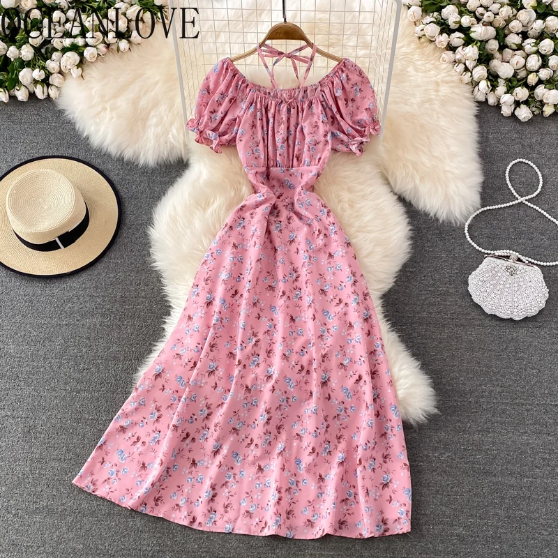 

OCEANLOVE Print Floral Spring Summer Dresses for Women A-line Sweet Beach Style Vestidos Mujer Korean Fashion A-line Long Dress