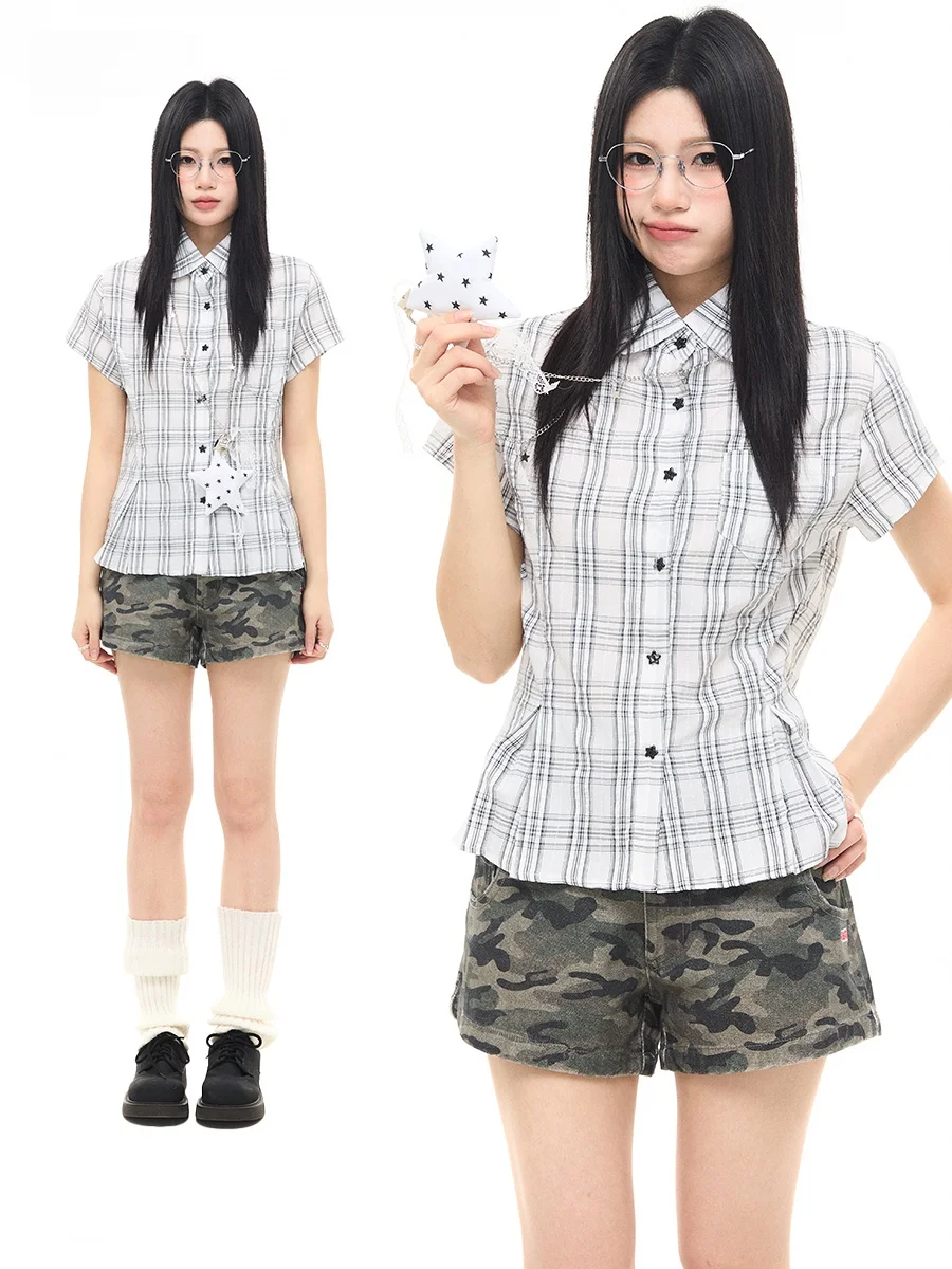 

Sanowers College Style Short Sleeve Shirt Women Slim Fit Star Decoration Turn-down Collar Summer Slimming Small Size Top