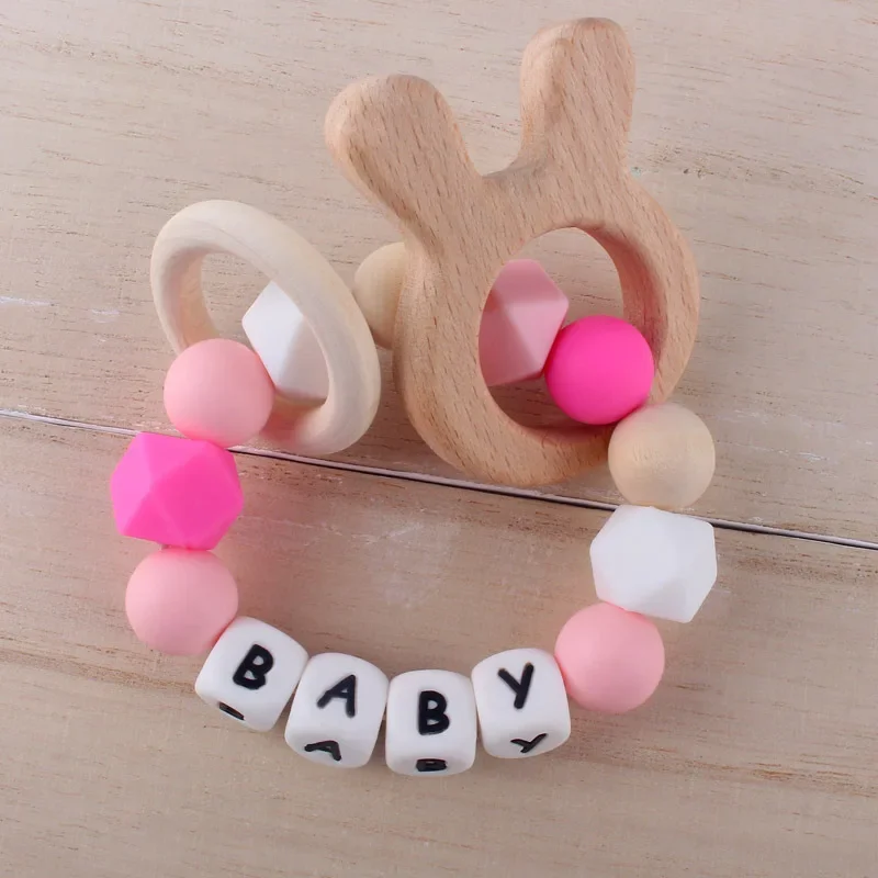 Kissteether Baby Handmade Beech Wooden  Rattle Toy Hemu Ring Fox Molar Stick Baby Teeth Bite Soothing Gum Toy Kit