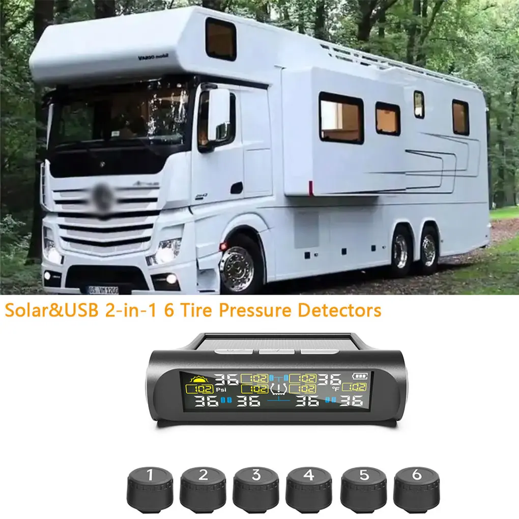 Solar Power TPMS Car Tire Pressure Alarm Monitor System 6 Sensors Display Solar Intelligent Tyre Pressure Temperature Warning