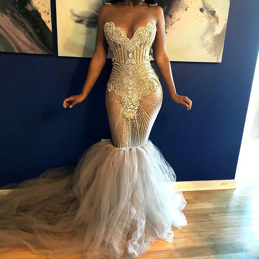 

Sexy Perspective Backless Prom Dress Mermaid Evening Dress Beaded Wedding Dress Formal Party Plus Size Customization